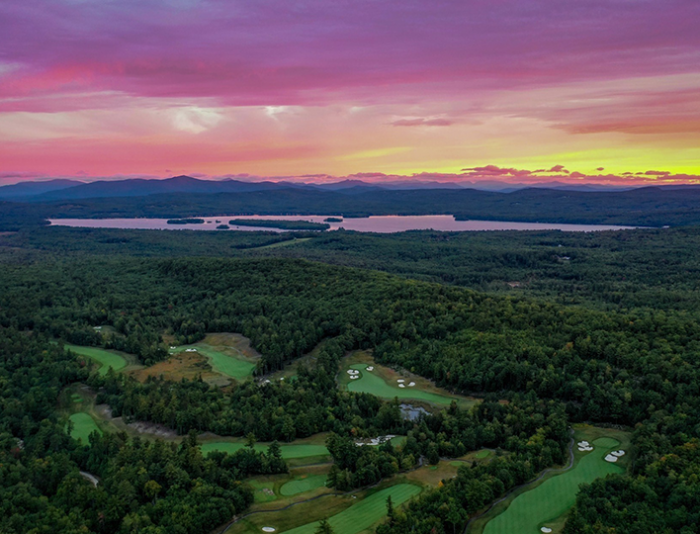 Sunset aerial picture of Lake Winnipesaukee Golf Club.